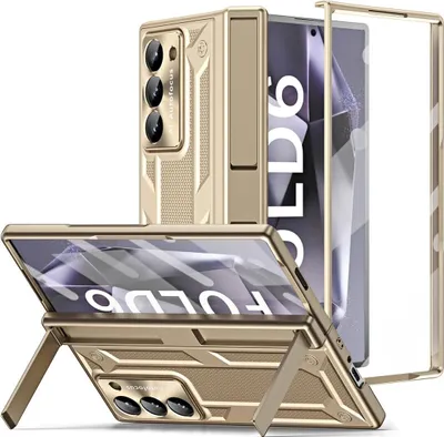 Immagine prodotto di Custodia per Samsung Galaxy Z Fold 6 custodia protettiva militare con doppio supporto integrato, protezione dello schermo e delle lenti, protezione della cerniera Oro