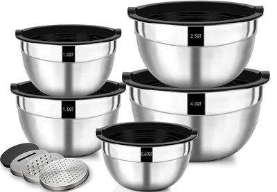 Produktbild von Salatschüssel-Set, 5-teilig, Edelstahlschüsseln mit luftdichten Deckeln, Größen 4,5 l, 2,7 l, 1,6 l, 1,1 l, 0,7 l, Küchenrührschüssel-Set, rutschfest und stapelbar