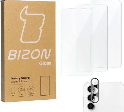 A product image showing a box of screen protectors and camera lens protectors for a Samsung Galaxy S23 FE, along with the protectors themselves and a close-up of a phone's camera module.