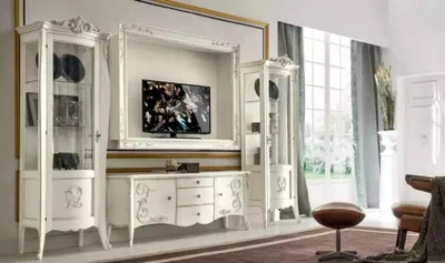 Produktbild von Klassische Stil Weiß Wohnwand Lowboard 2x Vitrine TV-Rahmen Gruppe Neu