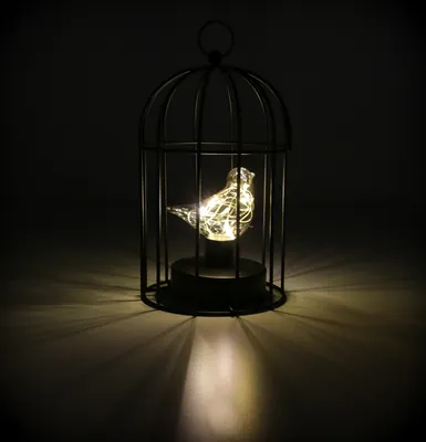 Produktbild von Käfiglampe, Vogel mit 8 LEDs, Dekoleuchte zum aufstellen oder hängen, Vogelkäfig Dekolampe mit An/Aus-Schalter, Batteriebetrieb