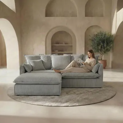 Produktbild von riess-ambiente 3-Sitzer Sofa HEAVEN 200cm hellgrau Cord Federkern abnehmbarer Bezug inkl. Kissen
