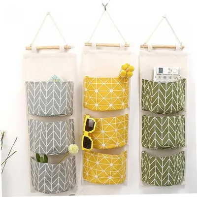 Produktbild von Wandmontierte Aufbewahrungstasche aus Baumwolle mit 3 Fächern, einfacher Hänge-Kleiderschrank-Organizer