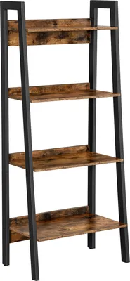 A four-tier ladder shelf with a vintage wood grain finish and black metal frame, shown against a white background.