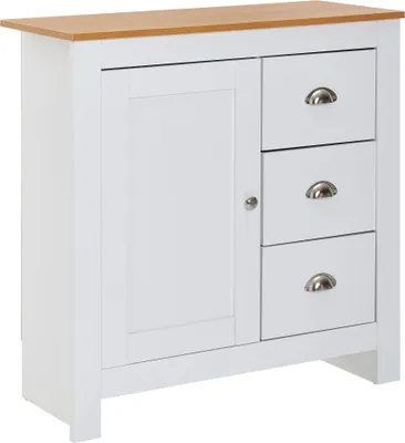 A white and wood sideboard with three drawers and one door.