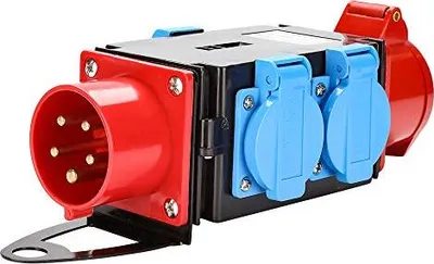 Immagine prodotto di distributore di corrente carpiato CEE 400V/16A+3 x 230V prese di contatto di protezione Distributore di corrente industriale 5 poli IP44 Con coperture di sicurezza a cerniera Per cantiere¡