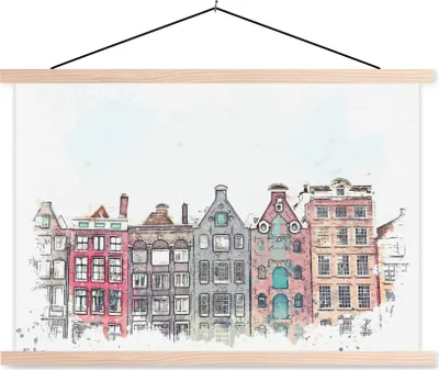Produktbild von MuchoWow® Textilposter Illustration - Aquarell - Amsterdam 120x80 cm mit holzfarbenen Rahmen - Aufhängeset