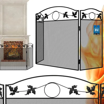 A fireplace with a fire burning and a three-panel black metal fire screen in front of it. Another fire screen is shown to the right, with a tag attached.