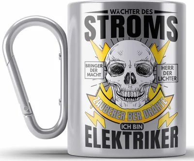 Produktbild von Trendation - Elektriker Edelstahl Tasse Karabiner Geschenk Elektromeister Lustiger Spruch Männer Geschenkidee Wächter Des Stroms (Silber)