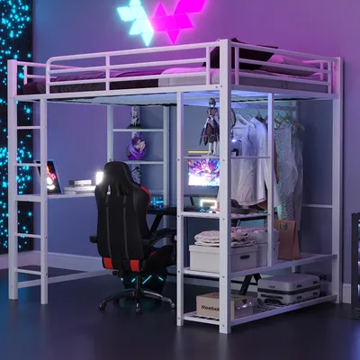 Image de Flieks Lit superposé 140x200cm avec bureau, lit d'enfant en métal avec étagère, lit surélevé avec protection contre les chutes et sommier à lattes, lit double superposé, blanc