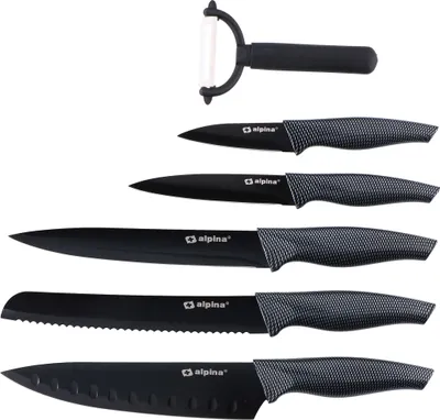 Produktbild von alpina 6 teiliges MesserSet Brot, Fleisch, Allzweck, Schäler und Santoku-Messer - Inklusive Sparschäler