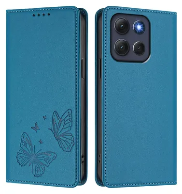 Image de Étui en cuir pour Motorola Moto G86, motif papillon, étui à rabat avec porte-monnaie et support, bleu