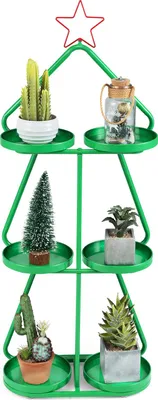 Productafbeelding van COSTWAY plantenstandaard met 3 niveaus, bloemenstandaard in de vorm van een kerstboom, bloemenrek met 6 plateaus en een rode ster, plantenrek voor kerst, groen