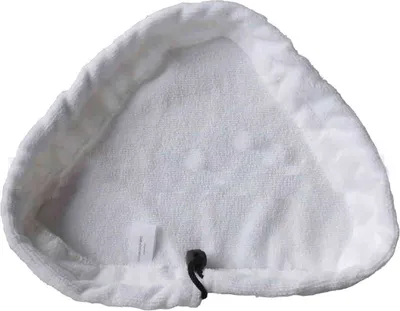 A white triangular microfiber mop pad with a drawstring closure.