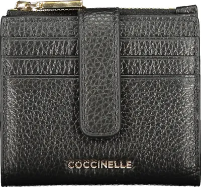 A close-up, front-facing view of a black leather wallet with gold-tone zipper and hardware.
