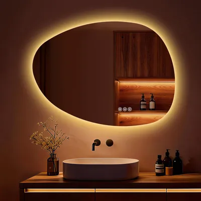 Image de S'AFIELINA Miroir de salle de bain, Interrupteur LED tactile, Asymétrique, 3 couleurs de lumière réglables, anti-buée et fonction mémoire, 75×55cm