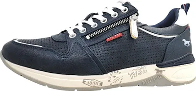 A side view of a blue sneaker.