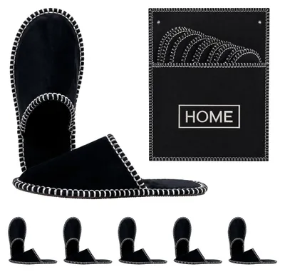 Produktbild von Relaxdays Gästehausschuhe 6 Paar, Hausschuhe "Home" mit Tasche, Größen 36-45, Filzpantoffeln, Antirutsch-Sohle, schwarz