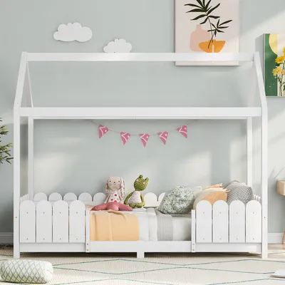 Produktbild von Flieks Kinderbett Hausbett 90x200cm Kinderbett mit Rausfallschutz und Lattenrost, Bodenbett Kiefernholzbett, Weiß