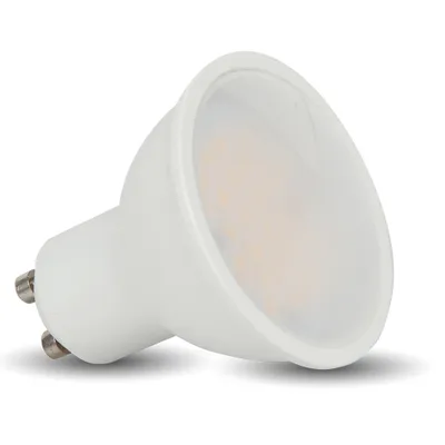 A white LED light bulb with a GU10 base is shown against a white background.