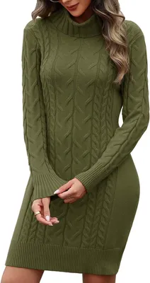 Produktbild von Gestricktes Damenkleid mit Rollkragen und langen Ärmeln in einfarbigem Grün