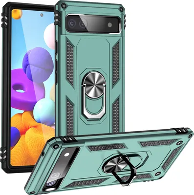 Produktbild von Google Pixel 6A Hülle, Dual Layer Robust Militäre Schutzhülle mit Ringhalterung Ständer für Google Pixel 6A Grün