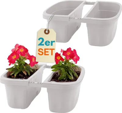 Produktbild von 2er Set Blumenkasten Balkongeländer Beidseitig Balkon Blumenkasten Doppelseitig Balkonkasten mit Halterung Geländerkasten mit Wasserspeicher Weiß 40 cm
