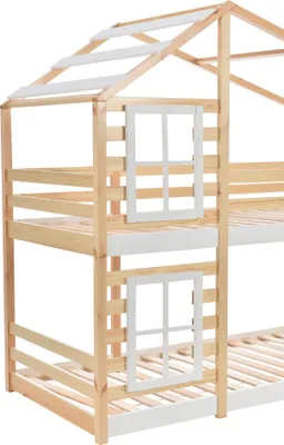 Produktbild von Merax Etagenbett 90x200cm mit Treppe und Dach, Hochbett mit Rausfallschutz, Stockbett Hausbett Massivholz Kinderbett mit Lattenrost für 2 Kinder, Weiß