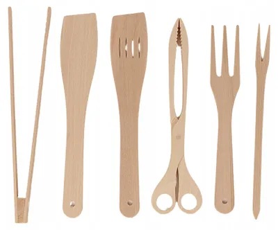 Produktbild von Woodcarver Grillbesteck-Set Holz 6-teilig Zange Gabel
