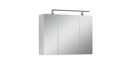 A white medicine cabinet with three mirrored doors and a silver light fixture above it, set against a white background.