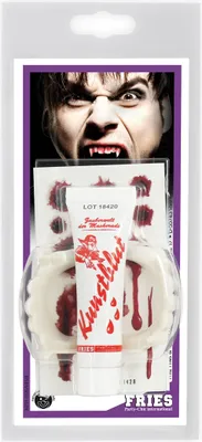 Produktbild von 3-tlg Kunstblut Dracula Vampir Zähne Blut Tattoos Karneval Fasching Cosplay