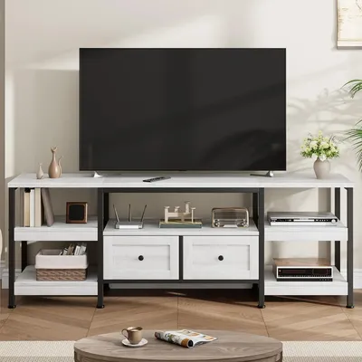 Image de Meuble TV pour salon - Meuble pour télévision - Pour téléviseurs jusqu'à 190 cm - 180x40x65 cm - 2 tiroirs, 5 compartiments ouverts - Structure en métal (fer) - Style industriel - Couleur ivoire