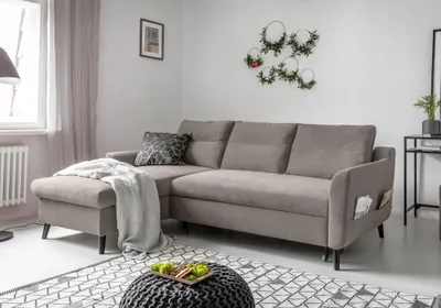 Produktbild von MIUFORM Stylish Stan Velours - Ecksofa mit Bettfunktion - 224x148cm - Dunkelbeige - L-Form Links - Schlafsofa Couch
