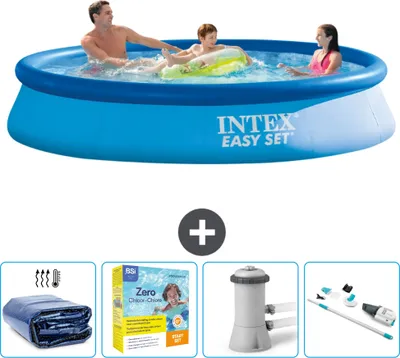Produktbild von Intex runder aufblasbarer Easy-Set-Pool – 366 x 76 cm – Blau – im Lieferumfang enthalten Sonnensegel - Wartungspaket - Filterpumpe für Schwimmbad - Staubsauger