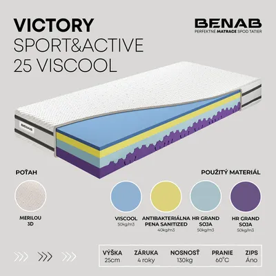 Obrázek produktu pro Matrace z viskózní pěny Benab Victory Sport&Active 25 Viscool Matrace 90 x 200 cm H3 / H4 tvrdost 25 cm výška Matrace z viskózní pěny, Merilou, Viscool, Antibakteriálni, HR Grand Soya, 7 zón, Profilace