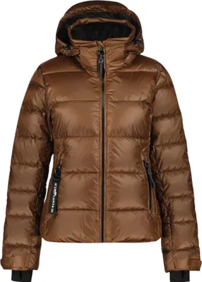 A studio shot of a women's puffer jacket.