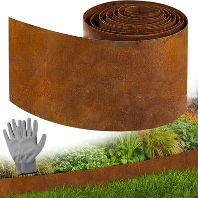 Imagen del producto de Borde para jardín de acero corten, 10 metros de largo por 14 centímetros de ancho, con acabado oxidado, ideal para exteriores