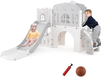 Image de Toboggan pour enfants, 9 en 1 : toboggan avec panier de basket, structure d'escalade, tunnel, télescope et espace de rangement. Aire de jeux pour enfants, utilisable en intérieur et en extérieur. Toboggan pour tout-petits, à partir de 1 an (gris)