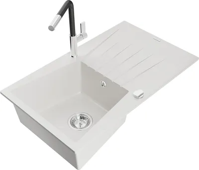 Produktbild von Mexen Cesar 1 Becken-Granitspüle mit Abtropffläche und Mischbatterie Flora, Weiß - 6514-20-670401-07