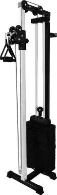 A black and silver cable crossover machine with a weight stack.