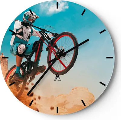 Produktbild von Wanduhr - Rund - Glasuhr - Fahrrad Sport Helm - 30x30cm - Schleichendes Uhrwerk - Lautlos - zum Aufhängen bereit - Dekoration Modern - Wanddekoration aus Glas - C3AR30x30-4098