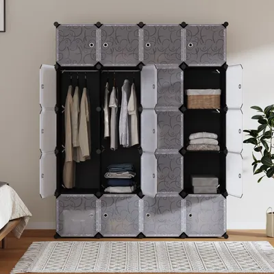 Image de Meerveil Armoire 20 portes avec 3 tringles à vêtements Penderie noire et blanche 145x181x47cm