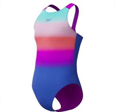 Image de Maillot de bain Speedo Pulseback imprimé pour fille, bleu et rose, taille 176