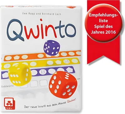 The image shows the box of the board game Qwinto, with dice and game elements visible.