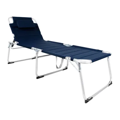 A dark blue padded lounge chair with a silver frame is shown against a white background.