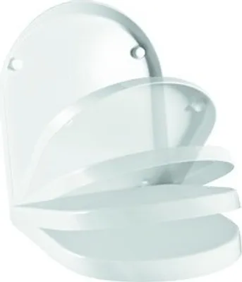A white toilet seat shown from a side angle, with multiple layers indicating its hinged design.