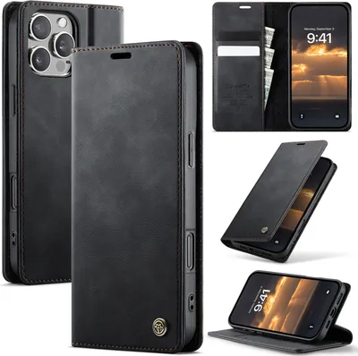 Produktbild von Handyhülle für iPhone 16 Pro Max Hülle Leder mit RFID Schutzhülle Klapphülle Magnet Kartenfach Standfunktion Schwarz