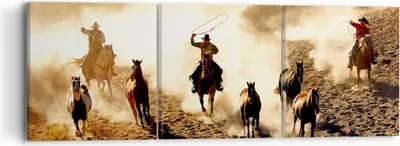 Produktbild von Bild auf Leinwand - Leinwandbild - Cowboys Pferde Galopp - 90x30cm - Wand Bild - Wanddeko - Leinwanddruck - Bilder - Kunstdruck - Wanddekoration - Leinwand bilder - Wandkunst - CA90x30-2693