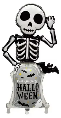 Produktbild von Folienballon Halloween, Skelett mit Grabstein und Feldermaus, 102,5 x 58 cm
