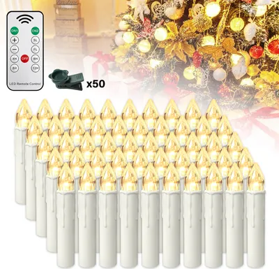 Productafbeelding van XMTECH 50 LED kerstboomkaarsen, draadloos, met timer, afstandsbediening, flikkerend, dimbaar, kerstboomkaarsen, kerstkaarsen, warm wit